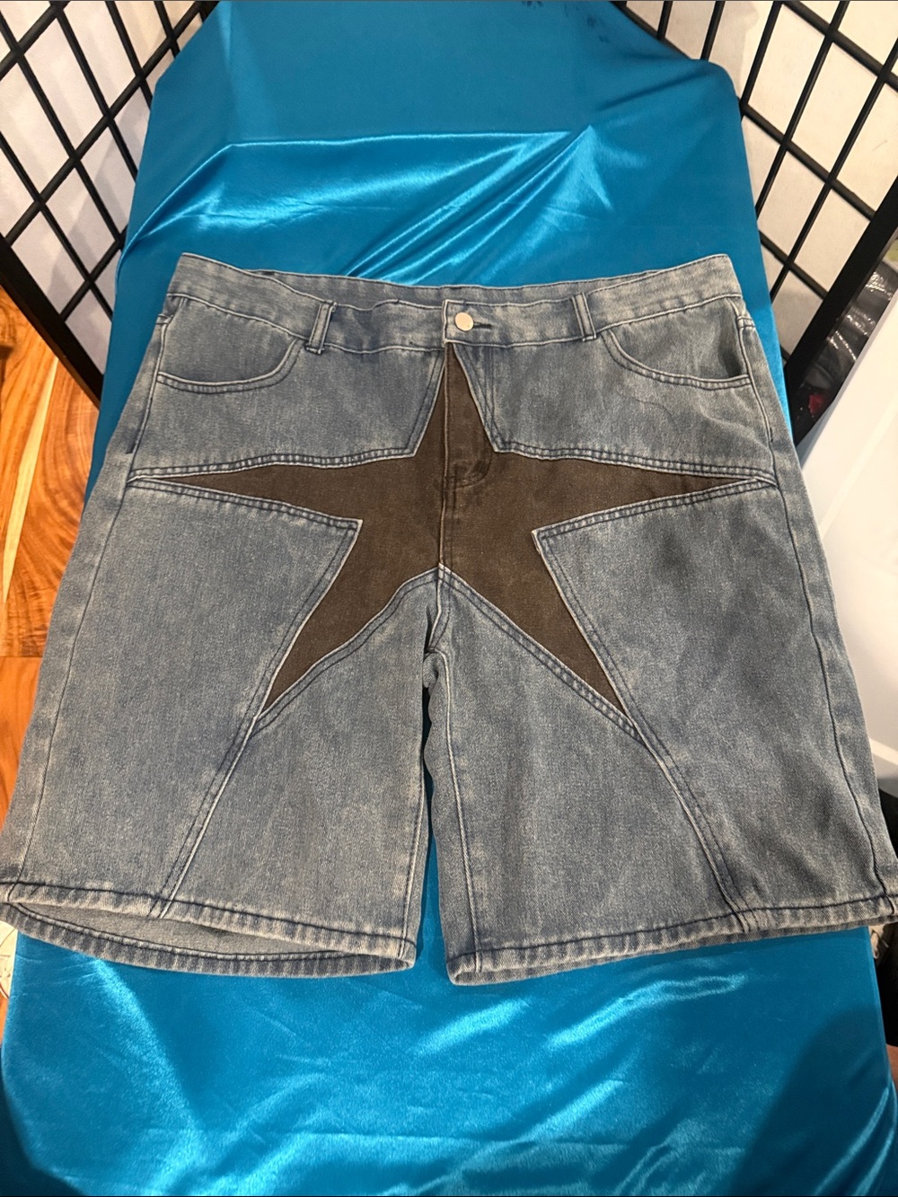 Men's Denim Shorts with Brown Star Accent - Blue Denim